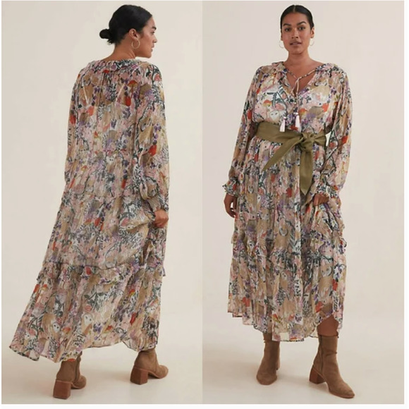 Anthropologie Floral Tiered Maxi Dress Owl Print 2X NEW - Picture 2 of 6